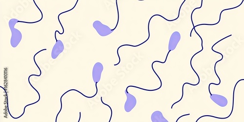 Abstract pattern of wavy lines and lavender shapes on a cream background