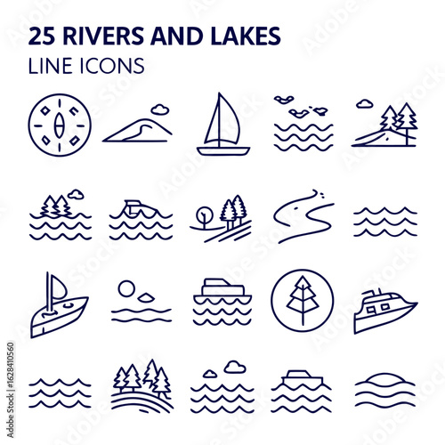 Collection of line icons depicting various water landscapes including rivers lakes boats and compass design set