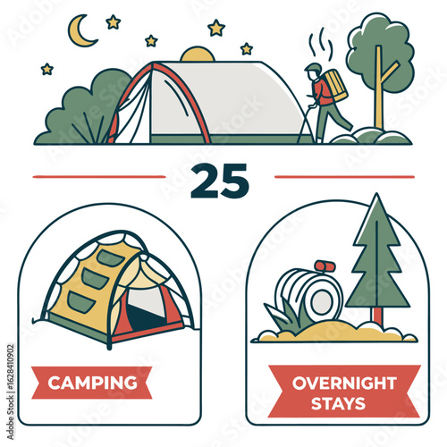 Illustration depicting camping scene with tent, hiker, trees, moon, stars, and overnight stay icons below