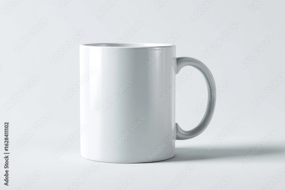 Fototapeta premium A plain white ceramic mug with a C-shaped handle sits on a light grey background, casting a subtle shadow