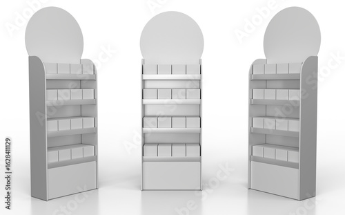 Retail cardboard shelving mockup with round topper and blank products. 3d illustration set transparent background