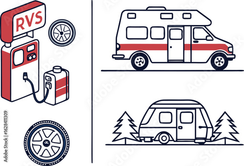 Illustration showing a gas station with rvs sign, tires, and two rv vehicles in a camping scene design