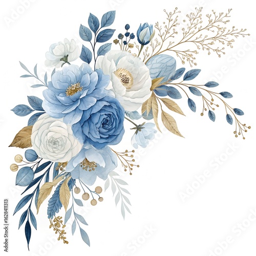Blue and white watercolor floral arrangement with gold accents