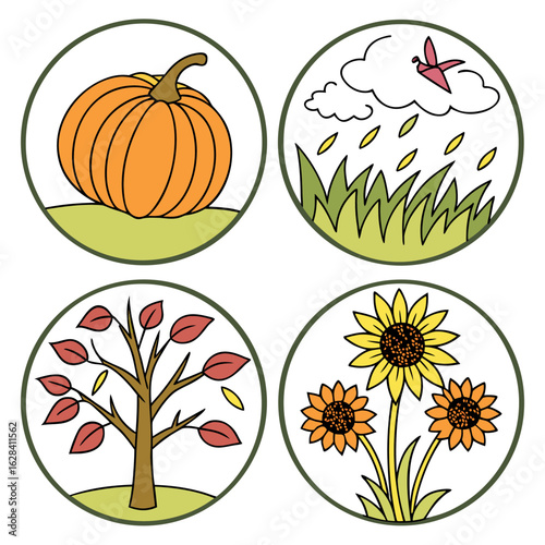Four circular icons depicting autumn elements: pumpkin, rain, falling leaves, and sunflowers in a grid layout