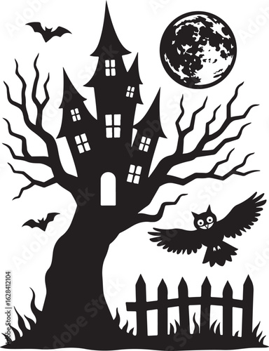 Spooky haunted house silhouette with owl under full moon