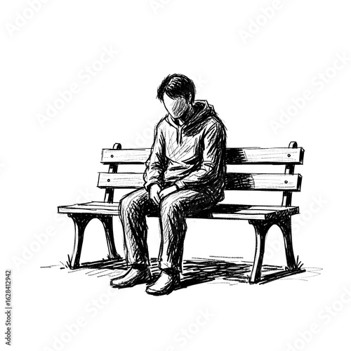 A sketch of a person with a hoodie sitting alone on a wooden park bench in a pensive mood outdoors