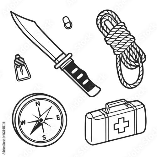 Illustration of camping gear including a knife compass rope first aid kit and other small accessories