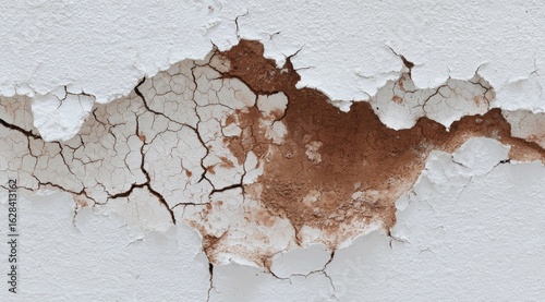 Peeling, cracked white paint on a wall, revealing a brownish underlayer