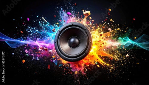 Vibrant Sound Waves Erupting from a Loudspeaker with Colorful Splatter