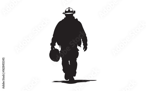 Firefighter Walking Silhouette Vector Brave Hero Holding Helmet Graphic Art