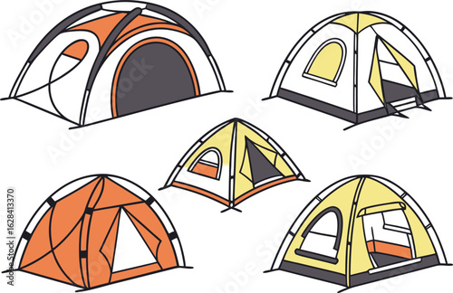 Illustration showing a collection of five colorful camping tents in various styles and orientations outdoors