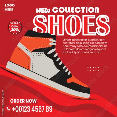 "Trendy Sneakers New Collection Sale – Stylish Red Sports Shoes with 30% Mega Discount – Modern Footwear Ad Design for Promotions"