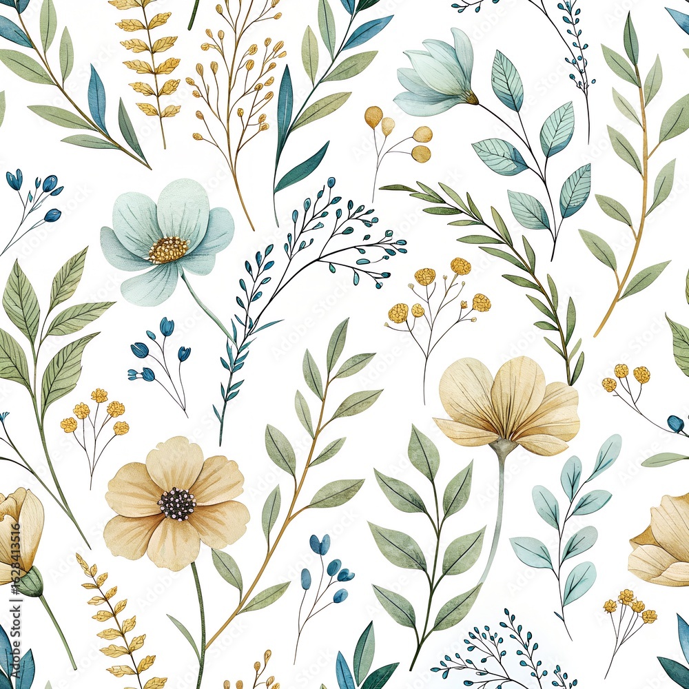 Watercolor wildflowers and leaves seamless pattern Watercolor wildflowers and leaves seamless pattern