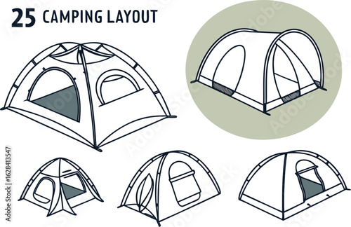 Illustration showing different camping tent layouts and designs with various shapes and window placements