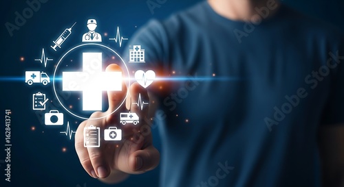 Photo of healthcare technology interface with medical icons and a plus sign