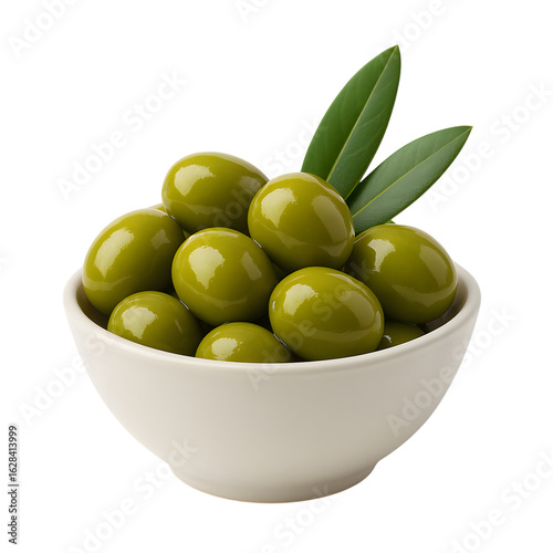 Green olives in a white bowl with olive leaves a healthy snack