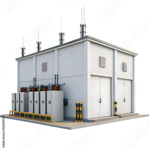 Electrical substation providing power distribution for the local area and industrial sector with modern technology isolated on transparent background