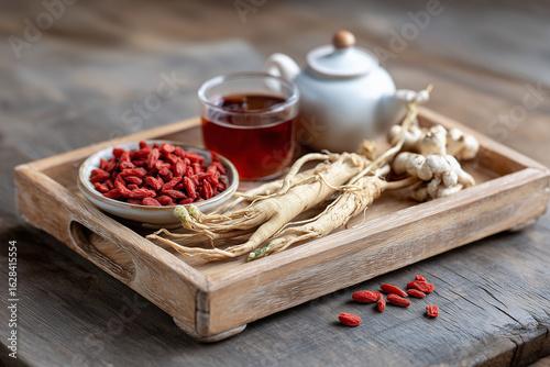 Wooden tray with ginseng root, goji berries, dried mushrooms, and decoction pot, 