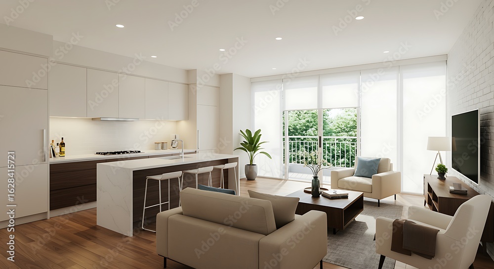 Fototapeta premium Modern apartment living room with open kitchen and natural light