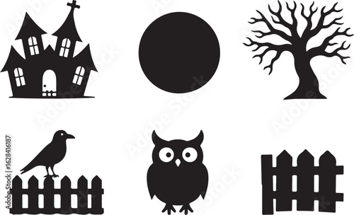 Spooky Halloween icons haunted house owl tree moon fence crow