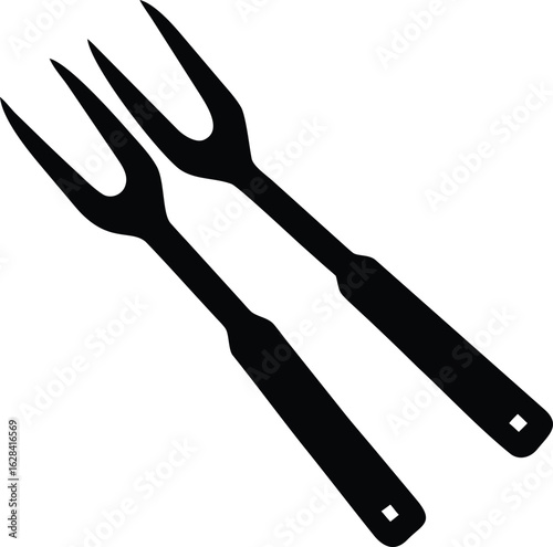 Two black silhouette barbecue forks with pointed tines and handles on a white background grill cooking