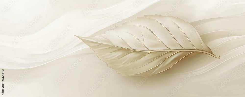 Obraz premium A single detailed beige leaf floating over abstract wavy patterns