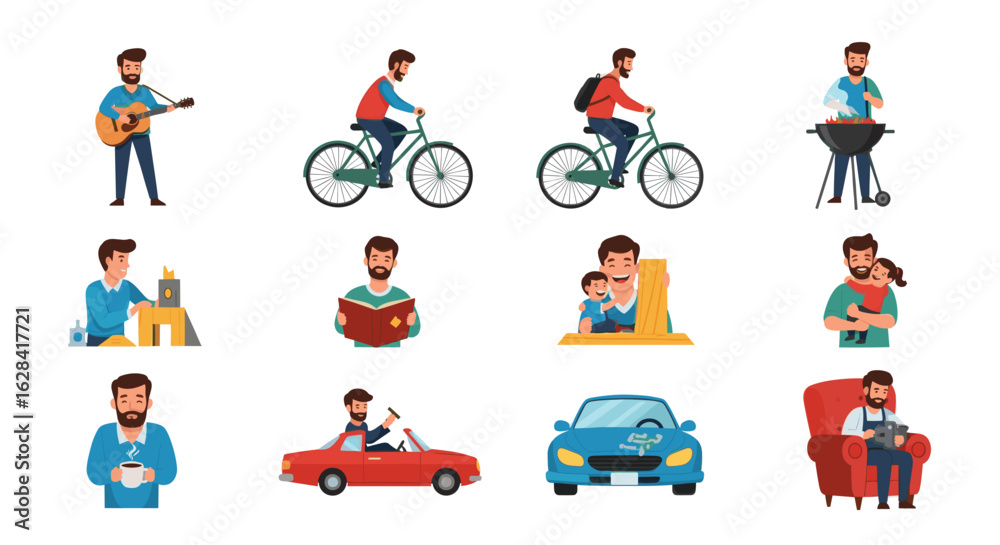 Fototapeta premium Illustrations of a man engaging in diverse activities and scenarios in various settings and situations
