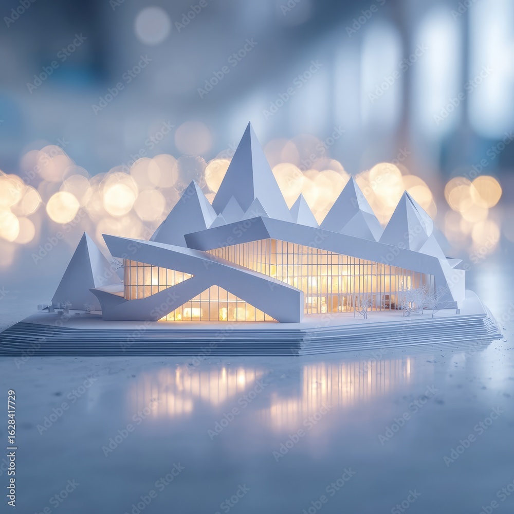 Fototapeta premium Abstract architectural model, light-filled white building on an island, surrounded by bokeh lights