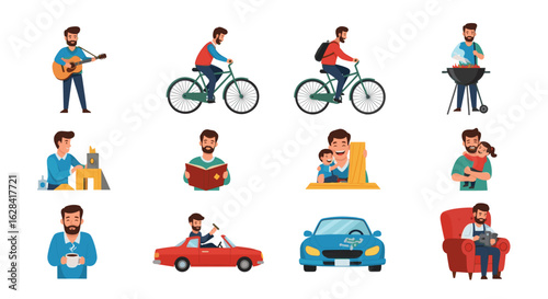 Illustrations of a man engaging in diverse activities and scenarios in various settings and situations