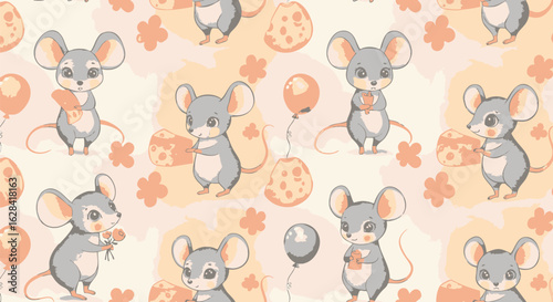 Seamless pattern with cute cartoon mice celebrating. Adorable rodents with cheese, balloons, and hearts on a pastel background.