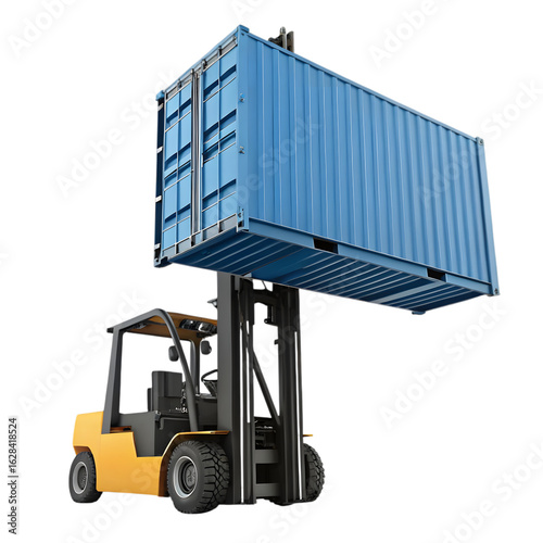 Yellow forklift carrying a large blue shipping container in a warehouse or storage facility for transportation isolated on transparent background