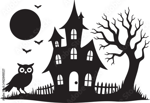 Spooky Halloween haunted house silhouette with owl and bats