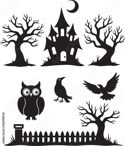 Spooky Halloween silhouette icons castle owl crow trees fence moon