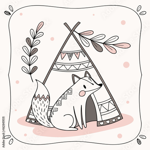 Fox and Teepee Illustration: Adorable cartoon fox sits comfortably beside a decorated teepee, bringing the joy and peaceful of the outdoors.