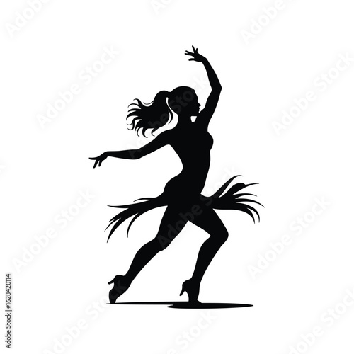 Silhouette of a woman dancing with a feathered skirt and ponytail