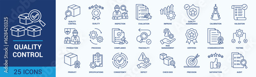 Quality control icon set. Containing inspection, evaluation, product, quality assurance, process, testing and more. Outline vector icons collection.