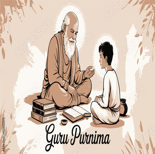 Guru Purnima illustration featuring a wise guru teaching a young student, ideal for spiritual guidance and educational content creation