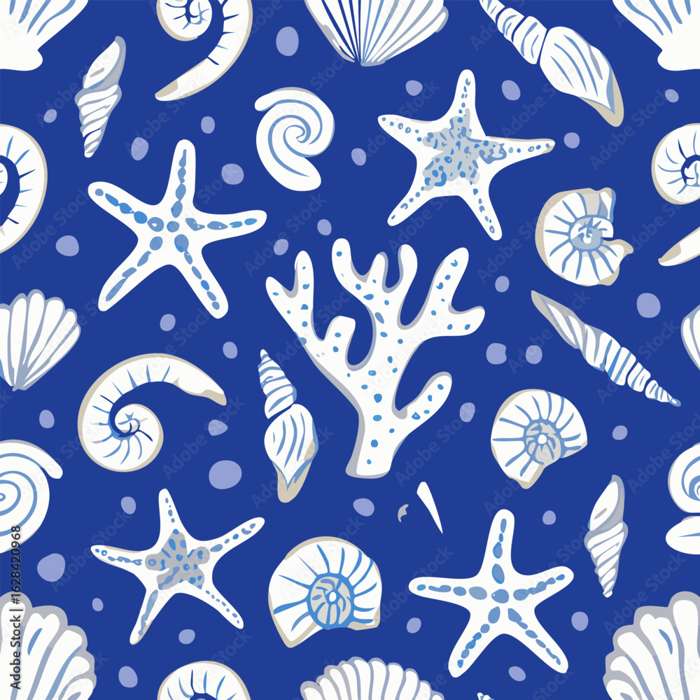 Fototapeta premium Seamless vector pattern with abstract sea shells, starfish, coral silhouettes. Contemporary art coastal summer background. Hand drawn beach print for wallpaper, wrapping paper, textile design