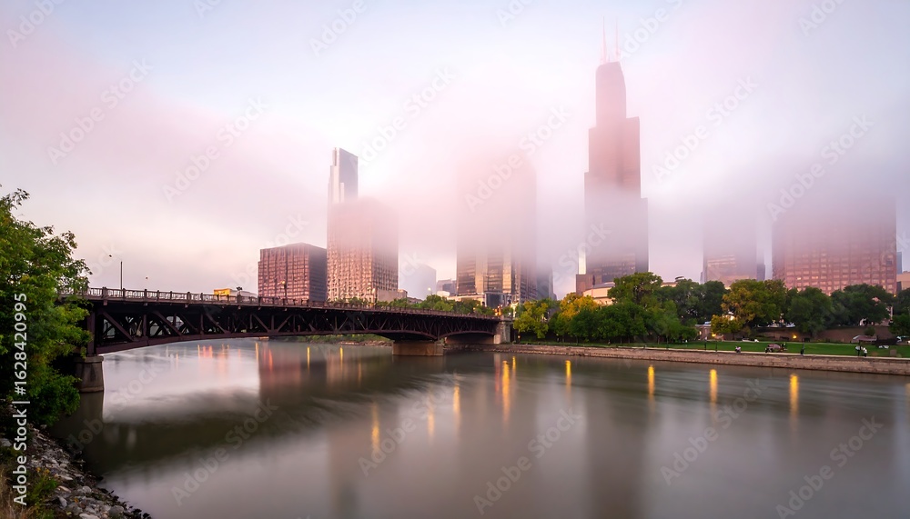 Obraz premium Misty Morning Cityscape with River Bridge and Skyscrapers