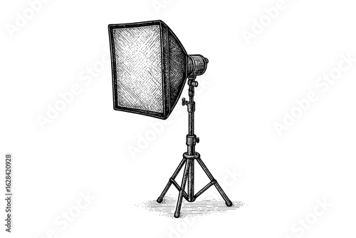Vintage engraving style photography softbox light on tripod stand