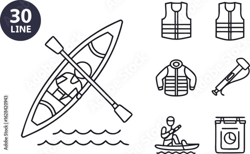 Collection of minimalist line art icons depicting kayaking and water sports including a kayak with paddle life vests a jacket a telescope and a person kayaking