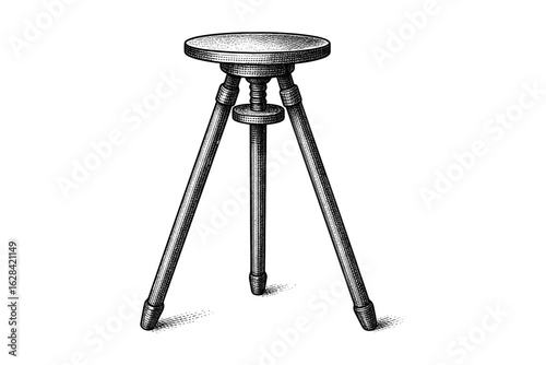 Vintage engraved three legged wooden stool with adjustable height