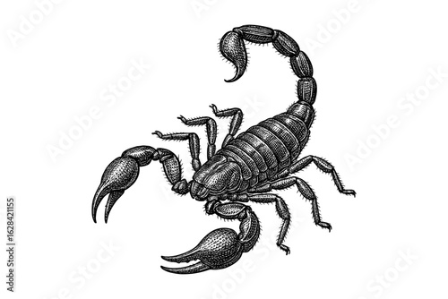 Detailed black ink scorpion drawing on white background