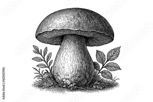 Intricate pen drawing of porcini mushroom with leaves and grass