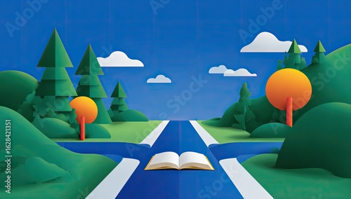 Open book on a road, flanked by trees and hills.  A vivid, stylized illustration of a road diverging, with a book placed centrally