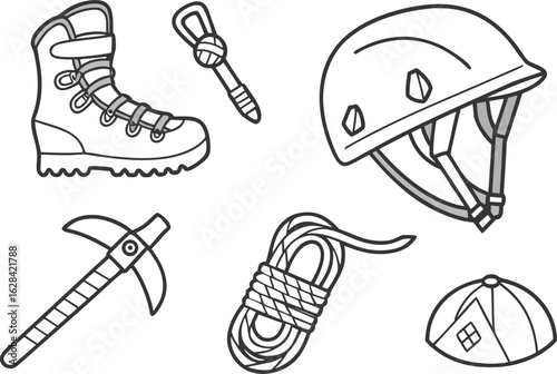 Collection of illustrated climbing equipment including a boot helmet ice axe rope carabiner and tent presented in a simple line art style