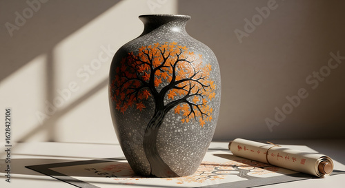 Artistic ceramic vase with a painted tree design casting shadows in a softly lit interior space