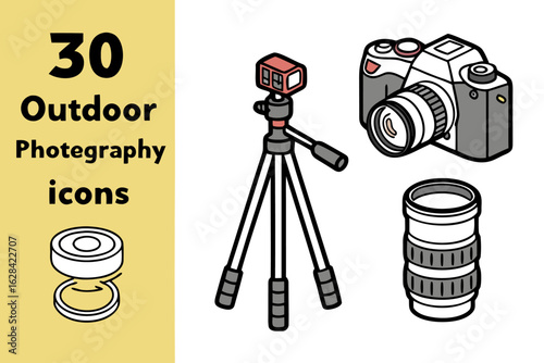 Collection of 30 outdoor photography icons featuring cameras tripods lenses and accessories for visual content creation and graphic design