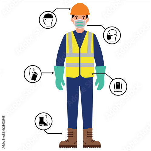 Flat Vector Illustration of Safety Equipment Set Including Helmet, Mask, Safety Vest, Gloves, and Boots 1.