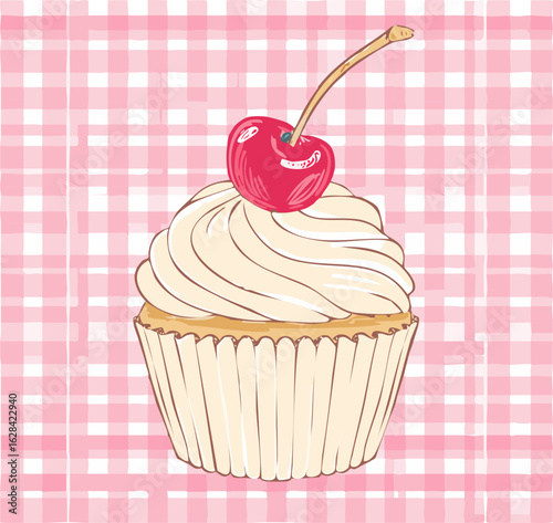 Vector illustration of a vintage-style cupcake with cherry on top, drawn in line art over a pink gingham background. Cute, retro, and perfect for bakery or dessert-themed designs